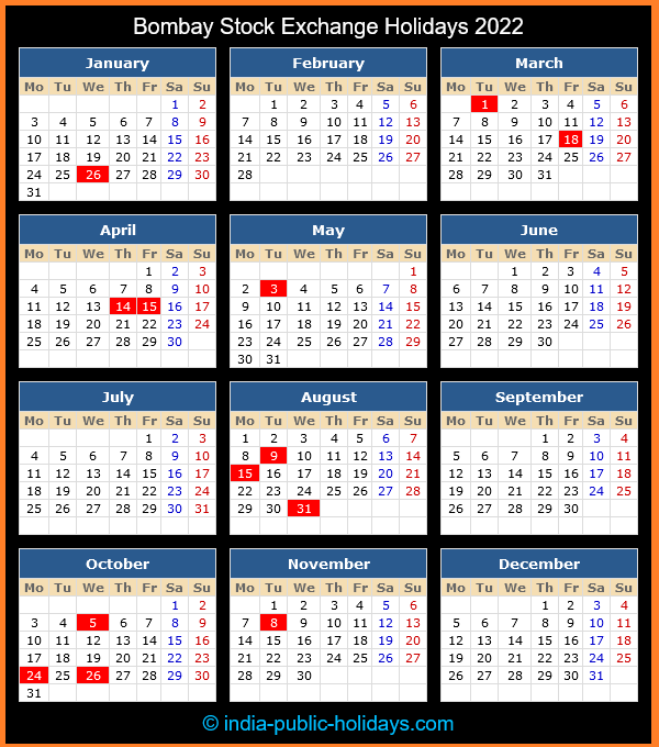 Bombay Stock Exchange Holiday Calendar 2022